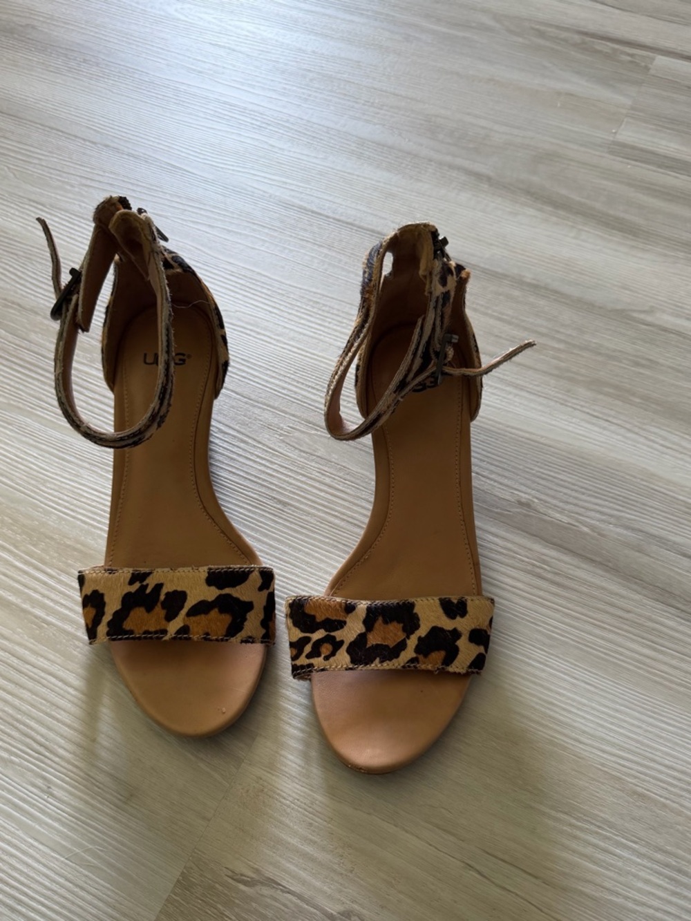 UGG Leopard Print Ankle-Strap Low Wedged Heels - Tan/Black